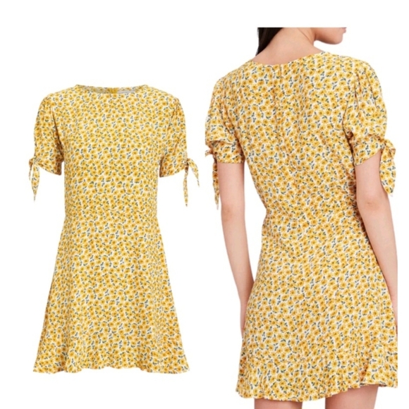 FAITHFULL THE BRAND DAPHNE YELLOW FLORAL TIE-SLEEVE SKATER DRESS. SIZE 4. - Picture 3 of 11